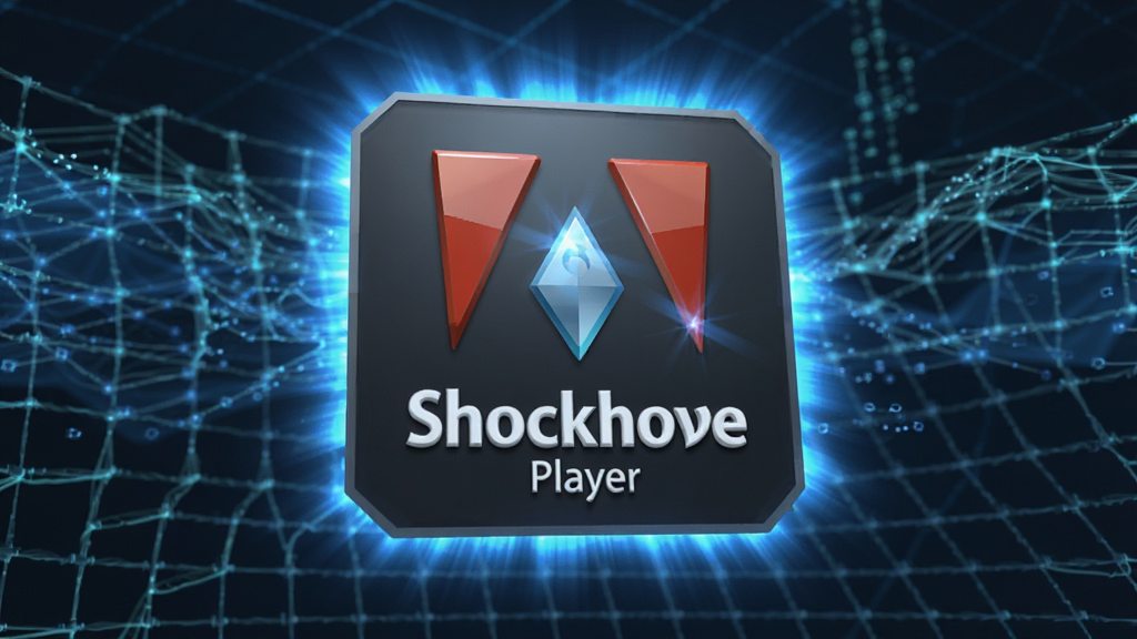 主体为“Adobe Shockwave Player”软件图标悬浮于半空中,散发着蓝色科技光芒。布局为图标居中,背后是抽象的3D网格与光效构成的科技背景。排版立体感强,风格充满未来感与动态感。细节上,图标纹理精致,光线反射真实,画质干净清晰,无多余元素。