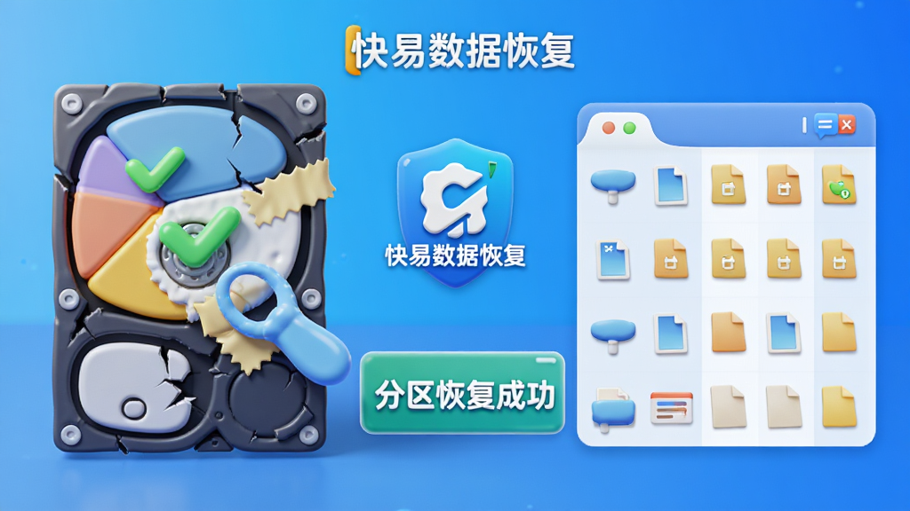 主体:一个破损的硬盘分区被数字胶水修复,旁边显示“分区恢复成功”。布局:左侧为分区图表,右侧为文件列表。排版:背景为渐变蓝色,中央有“快易数据恢复”品牌标识。风格:3D卡通渲染,色彩明亮。细节:分区图标上出现绿色对勾,文件有序排列。画质:高分辨率,简洁干净。