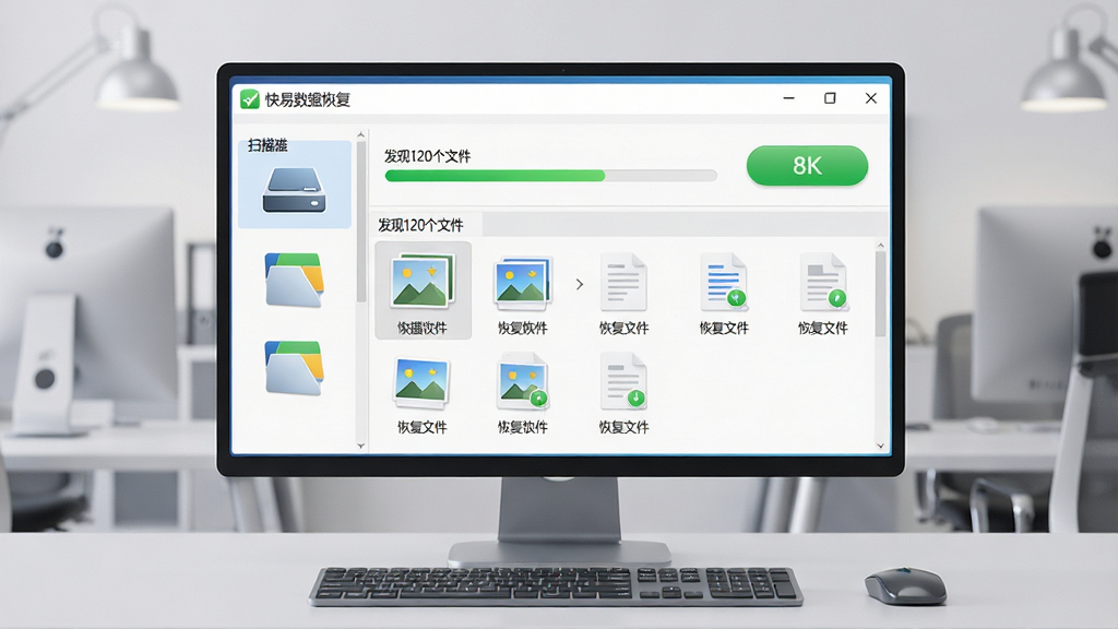 主体:电脑桌面展示快易数据恢复主界面,屏幕显示扫描进度条与恢复文件列表,左侧有磁盘分区图标。布局:主界面居中,背景为浅灰色办公环境,桌面上有键盘鼠标。排版:软件窗口占画面主体,清晰展示“快易数据恢复”字样及绿色恢复按钮。风格:写实3D渲染,明亮通透,科技感。细节:文件列表中有图片、文档缩略图,扫描状态为“发现120个文件”。画质:8K超清,干净无杂物,无多余元素。