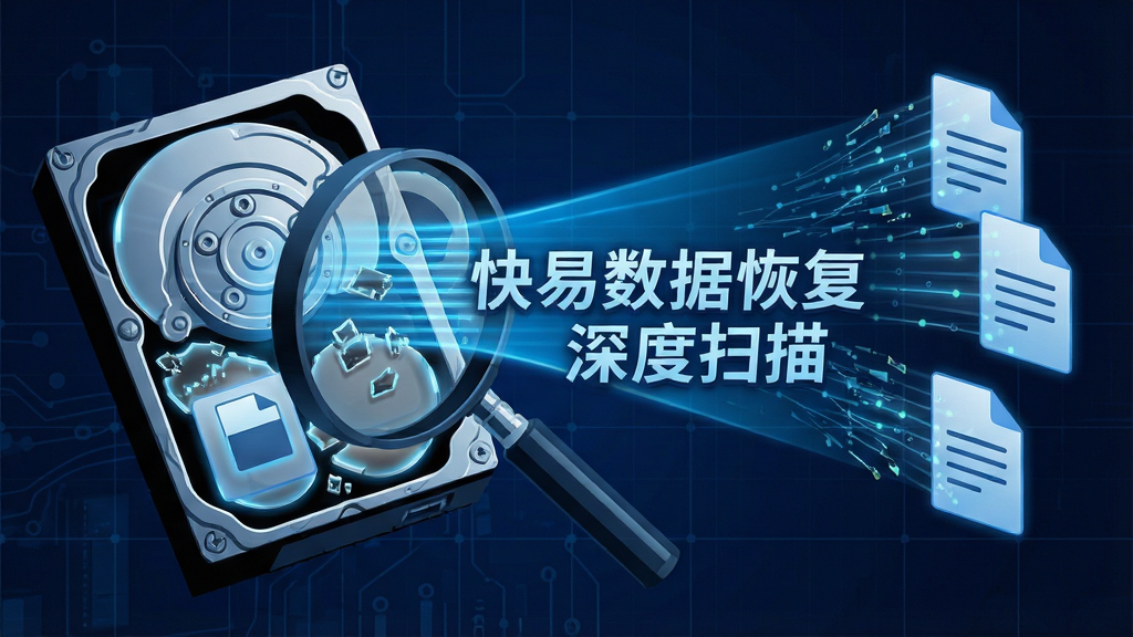 主体:放大镜透视硬盘内部,数据碎片被蓝色光束吸附重组,形成文件图标。布局:左侧为硬盘实体,右侧为虚拟数据流汇聚成文档图形。排版:背景为深蓝色科技网格,中央显示“快易数据恢复 深度扫描”文字。风格:抽象科技插画,高对比度。细节:数据碎片带发光边缘,扫描线逐行移动。画质:清晰锐利,无杂乱元素。