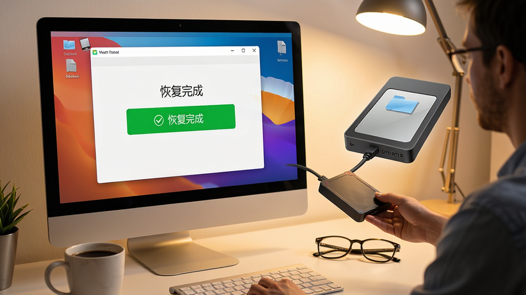 主体:电脑屏幕显示软件恢复完成界面,用户拖动文件到外部硬盘。布局:左侧为软件窗口,右侧为移动硬盘图标。排版:干净的工作台,有咖啡杯和眼镜。风格:写实摄影风格,暖色调。细节:屏幕上有“恢复完成”绿色提示。画质:高清,无杂乱元素。