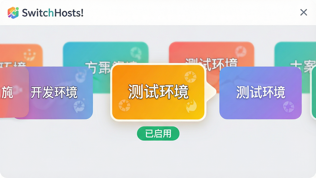 主体:多方案切换的操作示意,多个彩色标签卡片代表不同的hosts方案。布局:卡片横向排列,其中一个被高亮选中。排版:简洁直观,卡片上标注“开发环境”、“测试环境”等字样。风格:清新活泼,色彩明快。细节:选中的卡片下方有“已启用”状态标记,背景为浅灰色,整体画面干净无杂物,包含“SwitchHosts!”logo。画质:高清,干净,无多余元素。