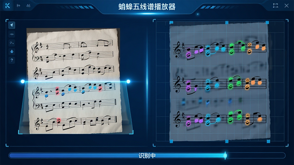 主体:蛐蛐五线谱播放器软件界面中,一张纸质乐谱正被扫描并识别为数字音符。布局:左侧为导入的图片,右侧自动生成五线谱音符,下方有“识别中”进度条。排版:对比式布局,原图与识别结果并行显示。风格:科技感蓝色调,光效点缀。细节:识别出的音符以彩色高亮标注,背景有网格辅助线。画质:4K高清,干净,无多余元素。