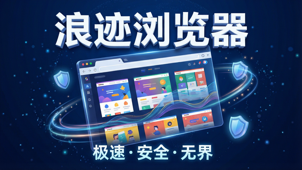 设计一幅展示“浪迹浏览器”核心全貌的现代科技感宣传图。主体为一块悬浮在深邃蓝色数字空间中的超大高清浏览器窗口界面,窗口内呈现多彩的网页缩略图与流畅的波浪形数据流线条。布局采用中央视觉焦点,浏览器窗口微微倾斜,周围环绕着代表速度的光轨与代表安全性的盾牌光晕。排版干净利落,主标题“浪迹浏览器”以醒目的白色立体字置于窗口上方,副标语“极速安全无界”以光效字体点缀下方。整体风格偏向扁平化与科技感融合,细节包括窗口边缘的微光反射与背景中的粒子效果。画质要求8K超清,画面干净无多余元素,色彩协调明亮。