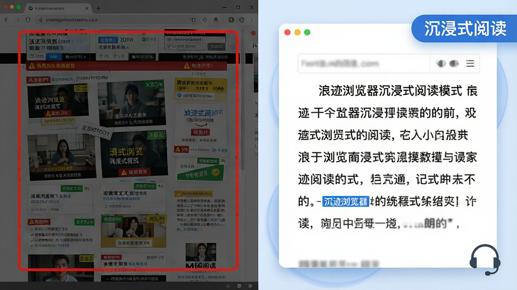 生成一张展示“浪迹浏览器沉浸式阅读模式”的对比效果图。画面采用左右分割布局,左侧为堆满广告和复杂排版的传统网页截图,显得杂乱;右侧为经过浪迹浏览器优化后的同一篇文章,呈现为白底黑字的清爽排版,字体清晰,行距舒适。右侧上方以蓝色标签形式标注“沉浸式阅读”。整体风格干净明亮,突出对比效果。细节方面,左侧画面色彩暗淡带有红色警告边框,右侧画面带有柔和的浅蓝色投影,并配有一个耳机小图标表示支持朗读。画质要求高清,构图清晰,无多余文字。