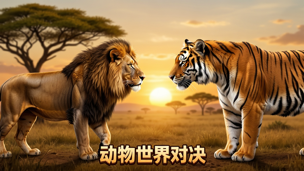 画面中央是两只栩栩如生的动物,一只雄狮与一只巨型老虎在广袤的非洲草原上对峙,背景是金合欢树与落日余晖,主体突出,采用左右对称布局,风格写实,细节呈现动物毛发与肌肉纹理,画质细腻高清,干净无多余元素,画面下方带有“动物世界对决”字样的游戏Logo预览图