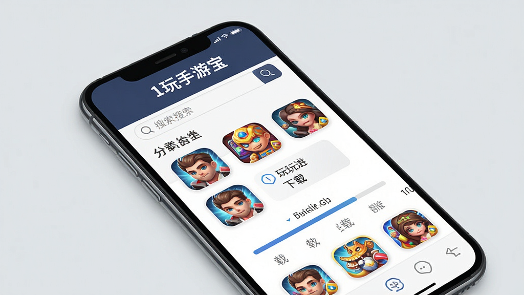 一张展示1玩手游宝游戏下载界面的图片,画面中手机屏幕显示多款游戏图标和下载进度条,旁边有搜索框和分类选项,背景为浅灰色,整体布局清晰,风格简洁科技感,画质干净无多余元素,文字标识