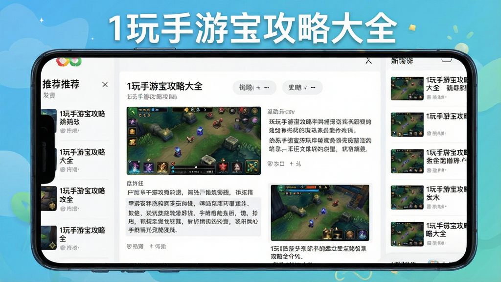 一张展示1玩手游宝游戏攻略界面的图片,屏幕中显示一篇图文并茂的攻略文章,包含游戏截图和文字注释,周围有相关推荐列表,整体风格清新阅读感强,画质干净,文字标识