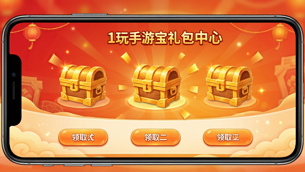 一张展示1玩手游宝礼包中心界面的图片,手机屏幕上有多个金色宝箱图标和领取按钮,背景为喜庆的红色和橙色渐变,整体画面充满福利氛围,画质干净,文字标识