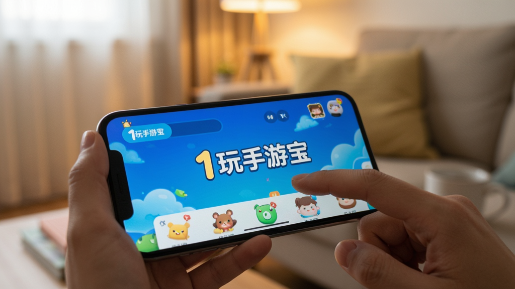 一张展示用户正在使用1玩手游宝的实拍场景图,用户手指触碰手机屏幕,屏幕上显示1玩手游宝主界面,背景为温馨的室内环境,光线柔和,整体风格真实自然,画质干净清晰,文字标识