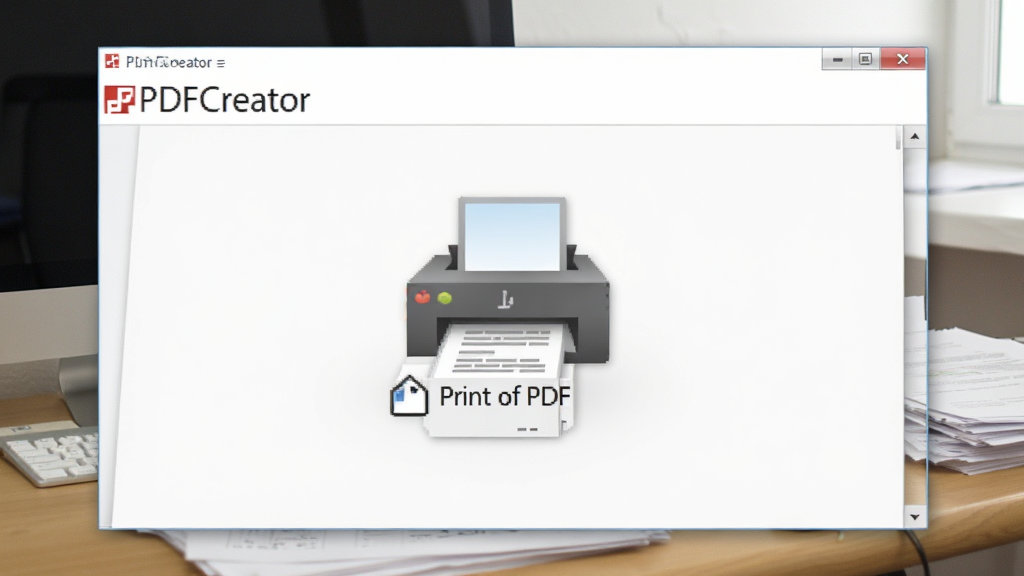 一幅展示PDFCreator软件主界面的高清截图,界面中包含“打印为PDF”的虚拟打印机图标,背景为日常办公桌面,有文档和电脑设备,画面清晰明亮,布局简洁,软件名称“PDFCreator”以英文形式显示在界面顶部,整体风格写实、干净无多余元素