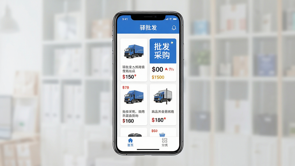 主体:手机界面展示驿批发应用,屏幕上有商品列表、价格信息与“批发采购”字样;布局:手机居中,界面清晰;排版:简洁现代,卡片式商品展示;风格:商务实用风格,蓝白主色调;细节:商品图片清晰,价格标签醒目,底部导航栏包含首页与分类;画质:高清、干净、无多余元素。
