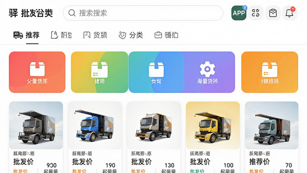 主体:驿批发APP的“海量货源”页面预览图,展示多个商品分类图标与推荐商品卡片;布局:上方为搜索栏与分类导航,下方为瀑布流商品展示;排版:规整有序,分类色块清晰;风格:现代电商风格,色彩明快;细节:每张商品卡片包含图片、名称、批发价与起批量;画质:高清、干净、无多余元素。