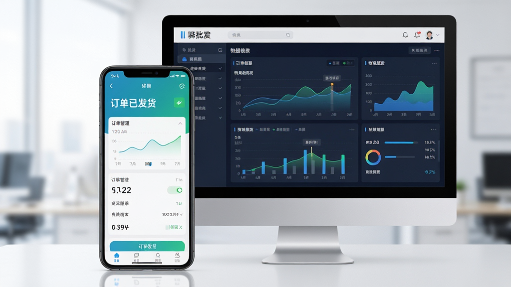 主体:智能手机与电脑并排展示驿批发应用界面,屏幕上有订单管理、物流跟踪等图表;布局:左右构图,手机在前电脑在后;排版:清晰直观;风格:科技商务风格;细节:手机屏幕显示“订单已发货”状态,电脑屏幕显示数据报表;画质:高清、干净、无多余元素。