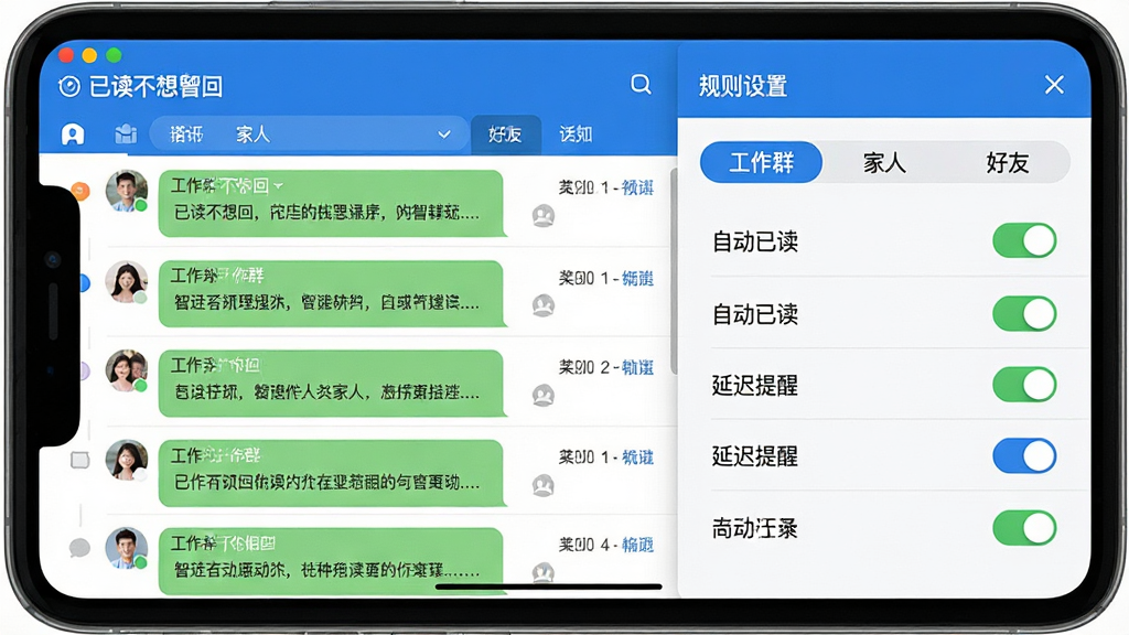 一幅展示“已读不想回”软件智能管理功能的预览图,画面左侧是消息列表,右侧是规则设置面板,有“工作群”、“家人”、“好友”等分类标签,并配有“自动已读”、“延迟提醒”等开关选项。整体布局清晰,风格简洁商务,蓝白配色,细节展现软件的逻辑性,画质干净无多余元素。