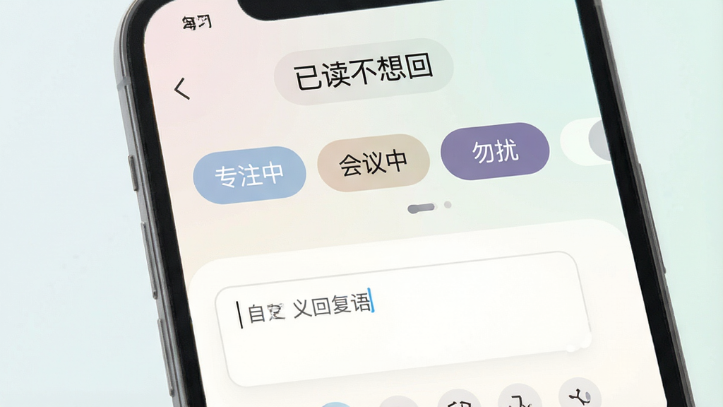 一张手机功能界面截图,展示“已读不想回”软件的自定义状态设置,画面中央有“专注中”、“会议中”、“勿扰”等状态胶囊标签,下方是自定义回复语的输入框,界面设计柔和圆润,色彩淡雅,风格清新素雅,文字清晰可见,画质高清,无多余杂乱元素。