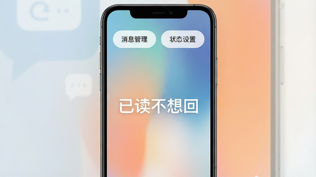 一张智能手机屏幕的特写,屏幕中央显示“已读不想回”APP的主界面,界面风格清爽简洁,背景为柔和的渐变色,上方有“消息管理”、“状态设置”等几个圆角功能按钮,界面文字清晰,整体给人高效、私密、可靠的感觉。画面主体突出手机屏幕,布局居中,排版整洁,风格现代扁平化,细节丰富,画质高清干净,无多余元素。
