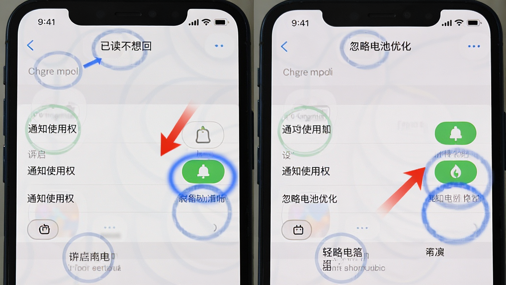 一张分步教程图,展示“已读不想回”软件在手机设置中开启“通知使用权”和“忽略电池优化”的步骤,画面以截图形式呈现,并用红色箭头和蓝色圆圈标注出关键操作位置,背景为手机设置界面,风格写实清晰,画质干净,无多余元素。