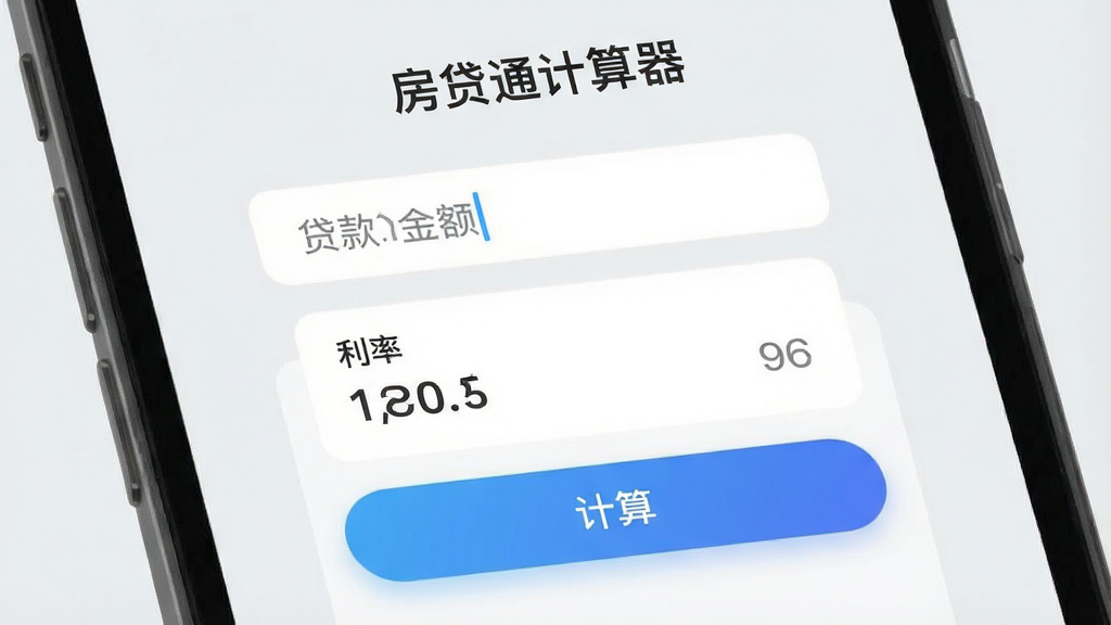 手机屏幕展示房贷通计算器主界面,上方显示“房贷通计算器”字样,下方为贷款金额输入框、利率展示卡片与蓝色渐变计算按钮,背景为浅灰纯色,主体居中布局,扁平化设计,科技感,UI界面截图风格,画质清晰,干净无多余元素