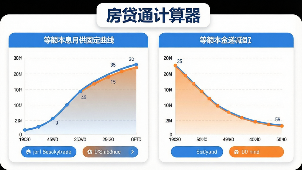 房贷通计算器对比界面,左边显示等额本息月供固定曲线图,右边显示等额本金递减曲线图,软件名称“房贷通计算器”浮于顶部,背景白色,图表配色蓝橙,布局左右分栏,商务数据可视化风格,细节圆润,画质干净
