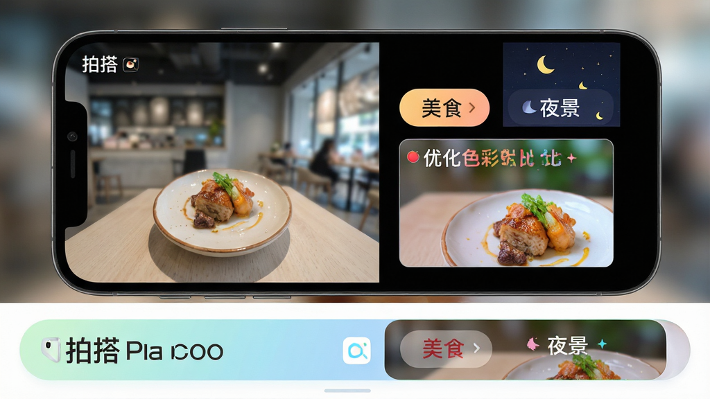 主体:手机屏幕展示“拍搭”的智能场景识别功能。布局:左侧为拍摄预览画面,右侧为场景识别标签(如“美食”、“夜景”)和优化后的色彩对比效果。排版:上下结构,上方为手机实拍图,下方为功能示意条。风格:清新简约,色彩明快。细节:画面中突出“拍搭”应用名称与识别标签,背景虚化。画质:高清细腻,干净,无多余元素。