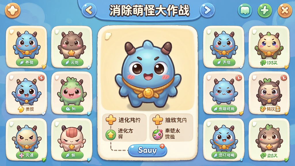 主体:《消除萌怪大作战》萌怪收集界面,展示多种可爱萌怪立绘;布局:萌怪角色以网格排列,中间显示主要萌怪大图及属性面板;排版:整齐有序,突出萌怪形象与养成信息;风格:Q版卡通,色彩柔和;细节:萌怪表情各异,UI按钮圆润,进化路线清晰;画质:高清细腻,干净无多余元素。