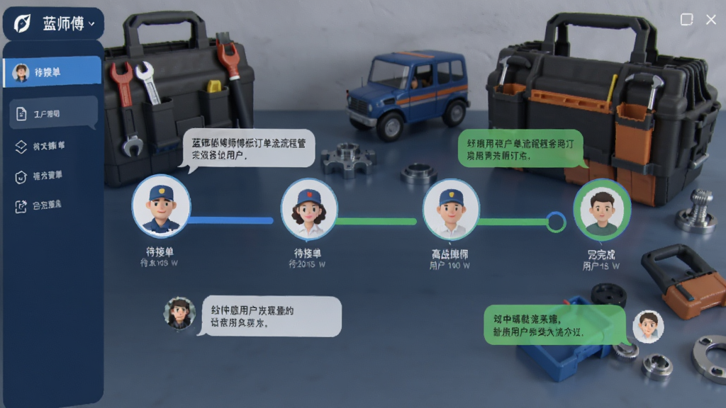 蓝师傅师傅版订单全流程管理界面,显示订单状态进度条,从待接单到已完成各节点图标清晰,搭配师傅与用户沟通对话气泡,背景为工具包与安装配件,主体突出,画质细腻