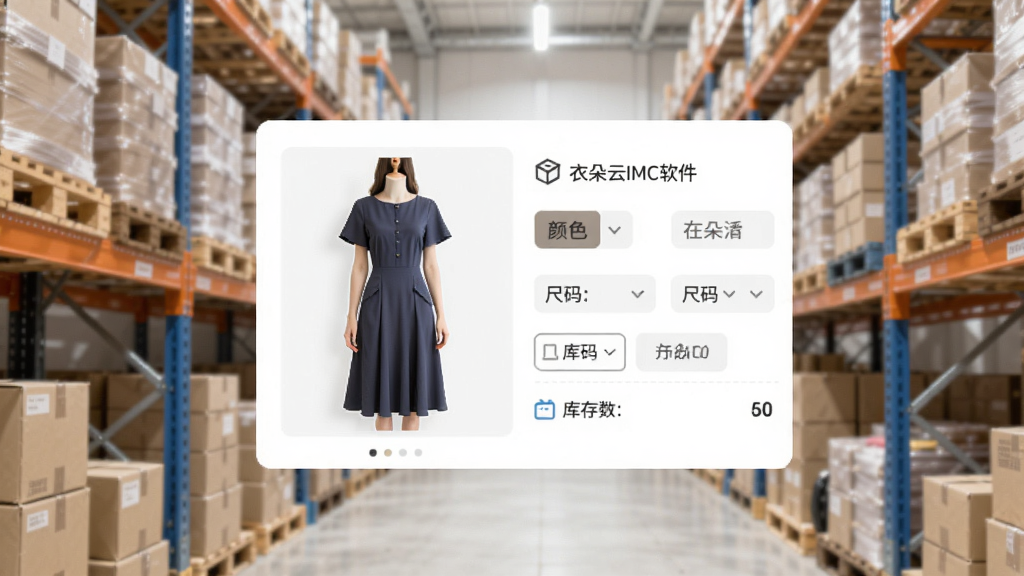 衣朵云IMC软件的商品管理界面预览图,界面展示一件女士连衣裙的商品卡片,包含颜色、尺码选择按钮和库存数量,背景为简洁的仓库货架,风格清爽明亮,布局规整,细节真实,画质清晰,无多余元素