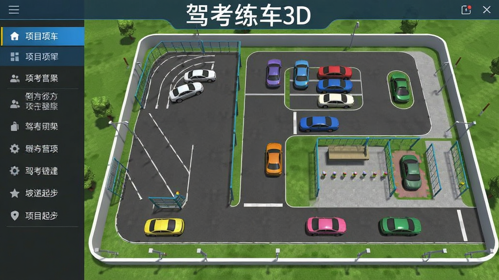 画面主体为驾考练车3D软件的主界面预览图,展示一个标准驾校考场的俯瞰视角,多辆不同颜色的教练车分布在倒车入库、侧方停车、坡道起步等考试区域,左侧有项目列表菜单。整体布局采用俯视全景构图,界面设计简洁直观,带有“驾考练车3D”字样,画质清晰明亮,细节丰富,无多余元素。