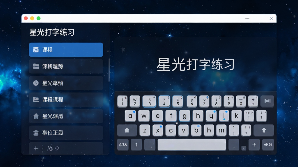 画面中央展示一款名为“星光打字练习”的软件主界面,深蓝色星空背景,界面左侧是课程列表,右侧是打字练习区域,键盘按键高亮显示,整体布局简洁现代,画质清晰,干净无多余元素