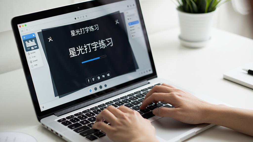 一张展示“星光打字练习”软件在笔记本电脑上运行的实拍图,屏幕中显示打字练习界面,键盘上有手指敲击,桌面整洁,光线明亮,画面清晰干净