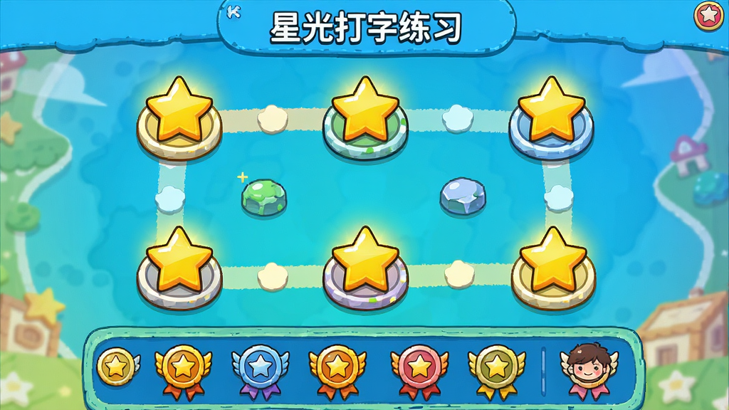 展示“星光打字练习”软件中的闯关地图界面,地图上分布着多个关卡节点,部分节点已点亮金色星星,界面底部有成就徽章展示栏,整体色彩明亮,卡通风格,画面干净无多余元素
