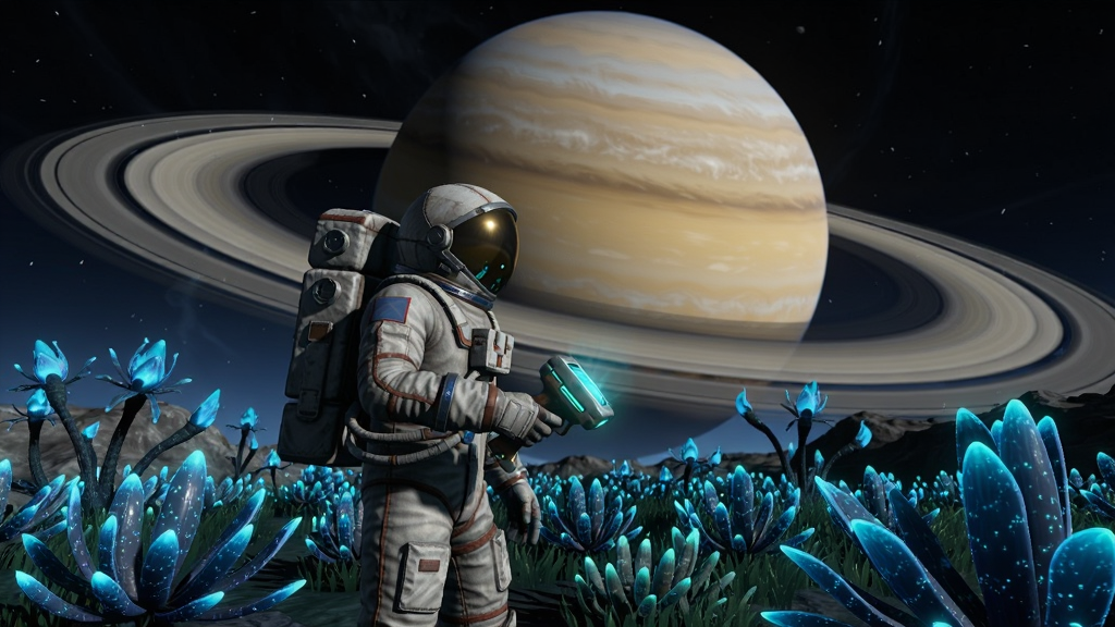 《太空旅行》游戏内星球探索画面,展示一个角色穿着宇航服站在一片发着蓝色荧光的奇异植物丛中,背景是一个巨大的土星环行星挂在天空。视角为第三人称,角色位于画面中心偏左,右手持一个发光的扫描仪。画面构图注重前景植物与背景天体的层次感,排版自然。风格写实且富有科幻色彩,细节丰富,包括宇航服上的纹理、植物的发光效果和天体的云层细节,画质清晰,干净无多余元素。