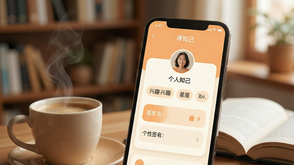 一张展示智能手机屏幕的特写,屏幕正面显示“寻知己”APP的个人资料编辑界面,界面设计简洁清爽,以温暖柔和的浅橙色和米白色为主色调,卡片式布局展示用户的兴趣标签、星座和个性签名。手机旁边摆放着一杯冒着热气的咖啡和一本打开的书,背景是虚化的温馨书房环境,整体画面明亮干净,构图舒适,画质高清,突出“寻知己”品牌名称,排版具有呼吸感,干净无多余元素。