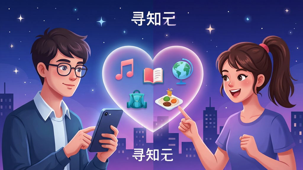 一幅描绘两位年轻男女通过手机屏幕上的“寻知己”APP成功匹配的插画风格图片,画面分为左右两部分,左侧是一位戴着眼镜的文艺男青年,右侧是一位扎着马尾的活泼女青年,两人中间悬浮着一个巨大的发光心形图案,心形内包含音乐、书籍、旅行和美食的图标。背景是星空与城市夜景的交融,色调以蓝紫色渐变为主,营造出浪漫又充满科技感的氛围。画面主体清晰,布局均衡,排版有创意,画质细腻干净,带有“寻知己”字样标识,无多余杂乱元素。