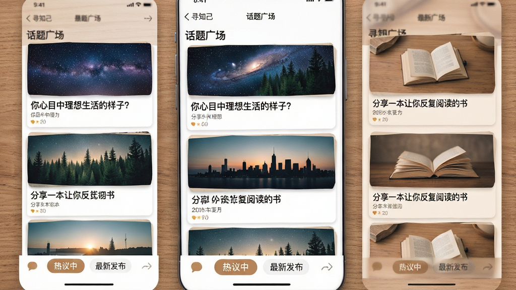 手机应用界面截图风格的图片,展示“寻知己”APP的“话题广场”页面,界面采用列表式布局,每一条话题卡片都配有精美的题图,如星空、森林、城市剪影等。话题标题具有思辨性,例如“你心目中理想生活的样子?”和“分享一本让你反复阅读的书”。界面底部有清晰的“热议中”和“最新发布”分类标签,整体设计风格文艺清新,以白色和原木色为基底,视觉焦点集中在丰富的话题内容上,画质干净,无多余UI干扰元素。