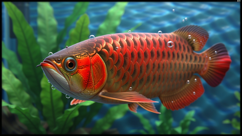 Dream Aquarium 软件预览图,主体是屏幕中模拟水族箱内一条红色的龙鱼特写,鳞片细节清晰可见,背景是虚化的绿色水草和蓝色水纹,布局特写居中,画面主体占三分之二,排版突出鱼身细节,风格为高清3D渲染,细节有气泡附着在鱼身,画质锐利通透,干净无多余元素