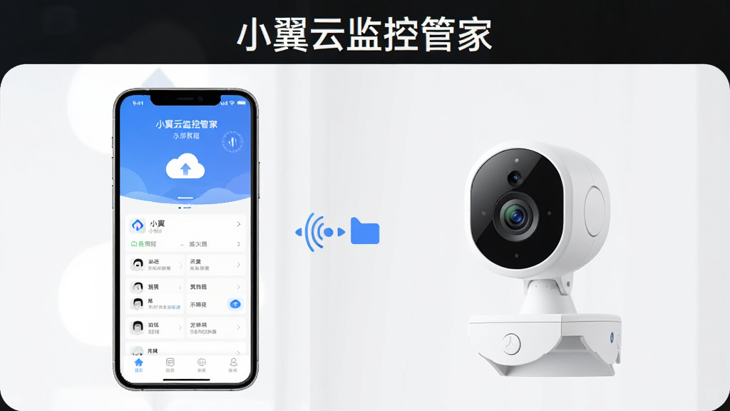 小翼云监控管家安装教程示意图,展示手机连接摄像头的步骤,画面包含手机界面与摄像头实物,标注“小翼云监控管家”字样,风格简洁明了,画质干净,无多余元素