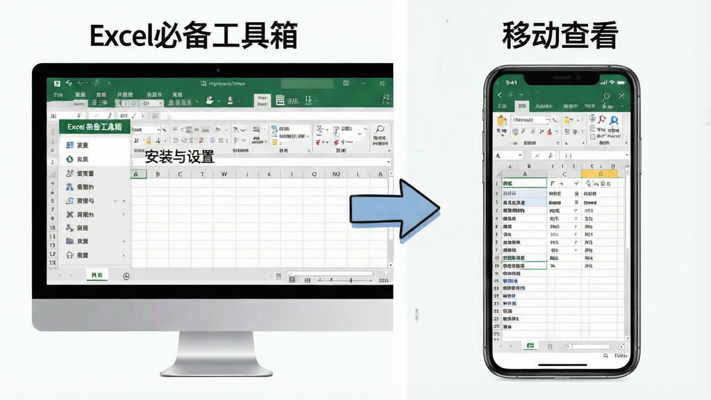 一幅分步操作示意图,主体为电脑端Excel界面与手机端Excel界面的对比。布局采用左右双屏显示,中间用箭头连接。左侧电脑屏幕显示“Excel必备工具箱”的菜单栏,右侧手机屏幕显示同一份表格数据的预览效果。排版清晰,风格为实用型教程插画。细节在电脑端标注“安装与设置”,在手机端标注“移动查看”。画质精美,干净无多余元素。