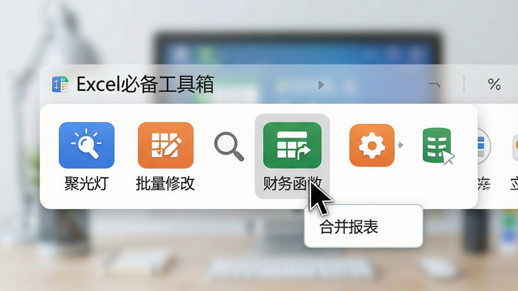 图片主体为“Excel必备工具箱”浮动工具栏的特写,布局呈横向排列,上面整齐摆放着“聚光灯”、“批量修改”、“财务函数”等彩色图标按钮。排版疏密有致,每个图标下方带有中文文字标签。风格为现代感的UI设计,背景虚化处理以突出前景。细节方面,鼠标指针正悬停于“合并报表”按钮之上,浮现出简洁的工具提示框。画质高清,整体色调明亮,干净无多余元素。