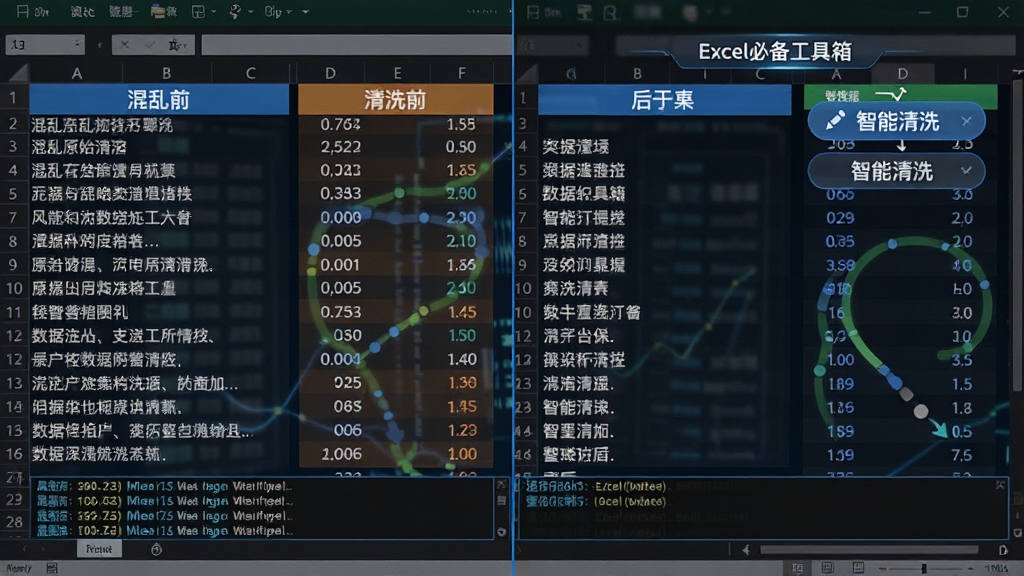 画面展示Excel工作表内两列数据对比,左侧是混乱的原始文本数据,右侧点击“Excel必备工具箱”中的“智能清洗”按钮后,数据变得整齐规范。布局采用左右分屏对比式排版,风格为科技感的数据可视化风格。细节包括清洗前后的高亮颜色区分以及底部的运行日志记录窗口。画质锐利清晰,简洁明了。