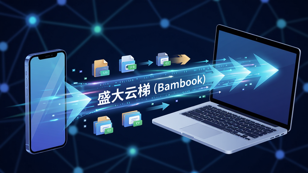 主体:一部智能手机与一台笔记本电脑通过空中发光的数字通道连接,通道上标有“盛大云梯(Bambook)”字样,背景为抽象网络节点。布局:左右构图,手机在左,电脑在右,中间以光速流动的数据线连接。排版:动感强烈,数据流呈现箭头状从左向右移动。风格:科技感插画,光线炫丽但不杂乱。细节:数据包上有小文件图标,体现传输内容多样性。画质:高分辨率,干净,无多余元素。