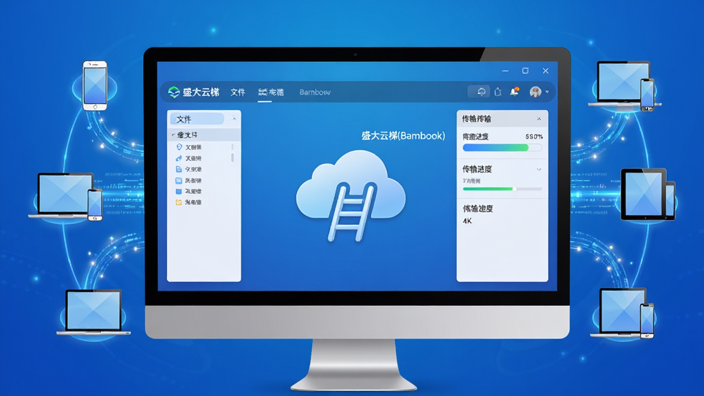 主体:盛大云梯(Bambook)软件主界面在电脑屏幕上显示,整体采用蓝色渐变科技感背景,界面中央有云端与梯子结合的图标,周围环绕着手机、电脑、平板等设备图标,通过光线连接。布局:居中构图,软件界面作为视觉中心,四周有数据流动的光效。排版:界面元素整洁,功能分区明确,顶部有菜单栏,左侧为文件列表,右侧为传输进度面板。风格:现代扁平化结合轻微拟物,色彩明亮通透。细节:屏幕中隐约可见“盛大云梯(Bambook)”字样,传输进度条显示高速移动。画质:4K高清,干净,无多余元素。