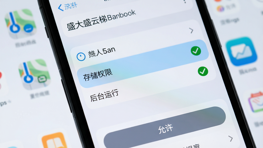 主体:智能手机屏幕显示盛大云梯(Bambook)应用设置页面,高亮显示“存储权限”和“后台运行”选项,旁白有对勾图标。布局:中心构图,手机屏幕占据大部分画面,周围有轻微虚化的系统设置图标。排版:设置列表清晰,文字可读。风格:真实截图风格,界面为浅色模式。细节:屏幕下方有“允许”按钮。画质:高清,干净,无多余元素。