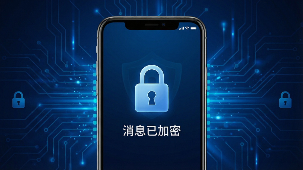 同信安全加密功能展示图,画面中央为手机界面,显示加密锁图标与“消息已加密”文字,背景为深蓝色科技感光效,突出安全防护氛围,构图简洁,主体突出,画质细腻,无多余元素