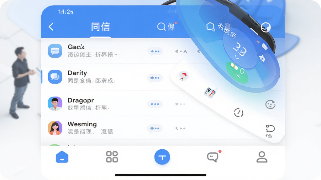 同信app主界面预览图,展示聊天列表与底部导航栏,现代扁平化设计风格,蓝色主色调,界面干净清爽,图标圆润,整体布局简约而不失活力,画质高清,细节丰富,无多余元素