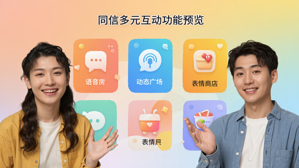 同信多元互动功能预览,展示语音房、动态广场、表情商店等入口,界面色彩明快,功能图标排列整齐,背景为柔和渐变,人物使用界面时面带微笑,整体氛围轻松愉快,构图平衡,画质清晰,无多余元素