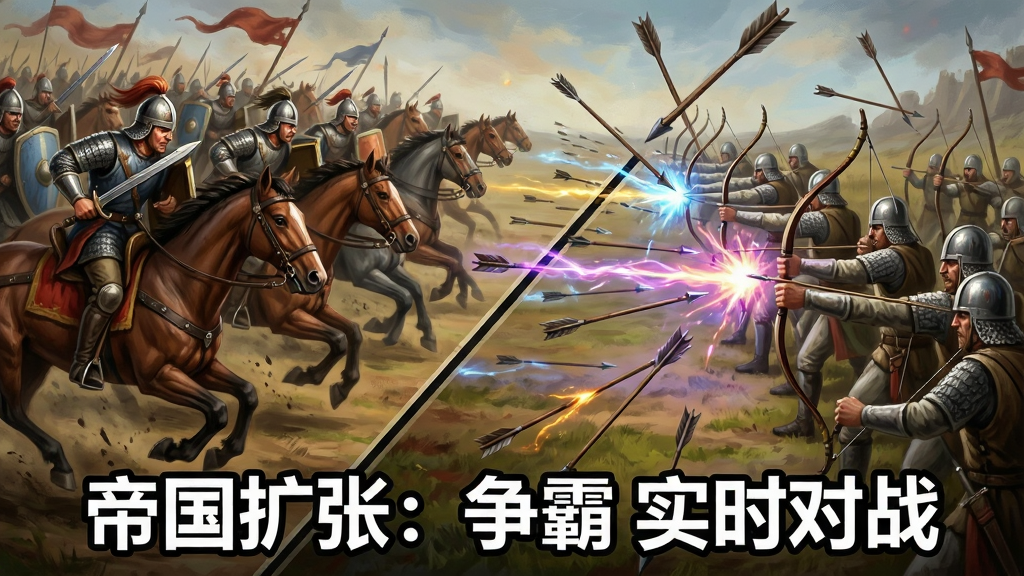 动态战斗场景,左侧是玩家方排列整齐的骑兵冲锋,右侧是敌方弓手与步兵组成的防御阵线,战场中央有箭矢与魔法特效交汇。画面布局采用对角线构图,主体为交战的军队,细节刻画战马奔腾与士兵表情。风格写实,色彩浓烈,动感十足。画质清晰,无多余元素。画面底部中央文字“帝国扩张:争霸 实时对战”,字体为黑体,白色描边。