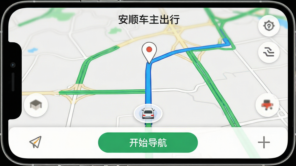 一张手机截图,展示“安顺车主出行”的导航界面,地图上显示蓝色路线和绿色畅通路段,底部有“开始导航”按钮,界面清晰显示车辆图标与目的地标记,风格写实,画质高清,干净无多余元素
