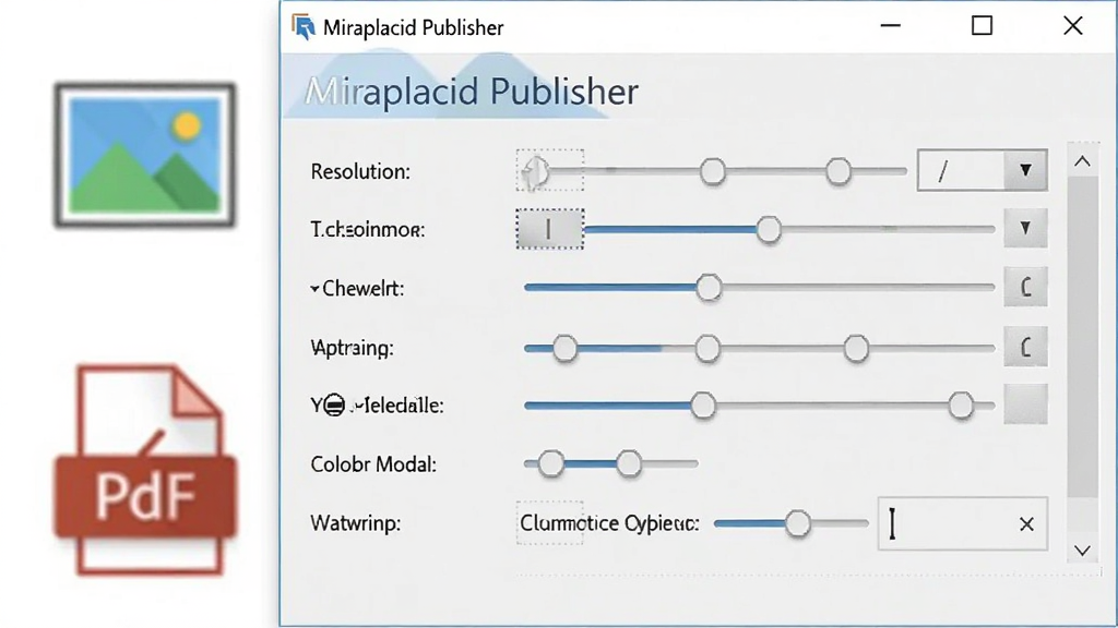 展示 Miraplacid Publisher 输出设置面板,包含分辨率、色彩模式、水印选项等调节项,背景为图像和PDF格式的文件图标,画面明亮干净,风格专业,无多余元素。